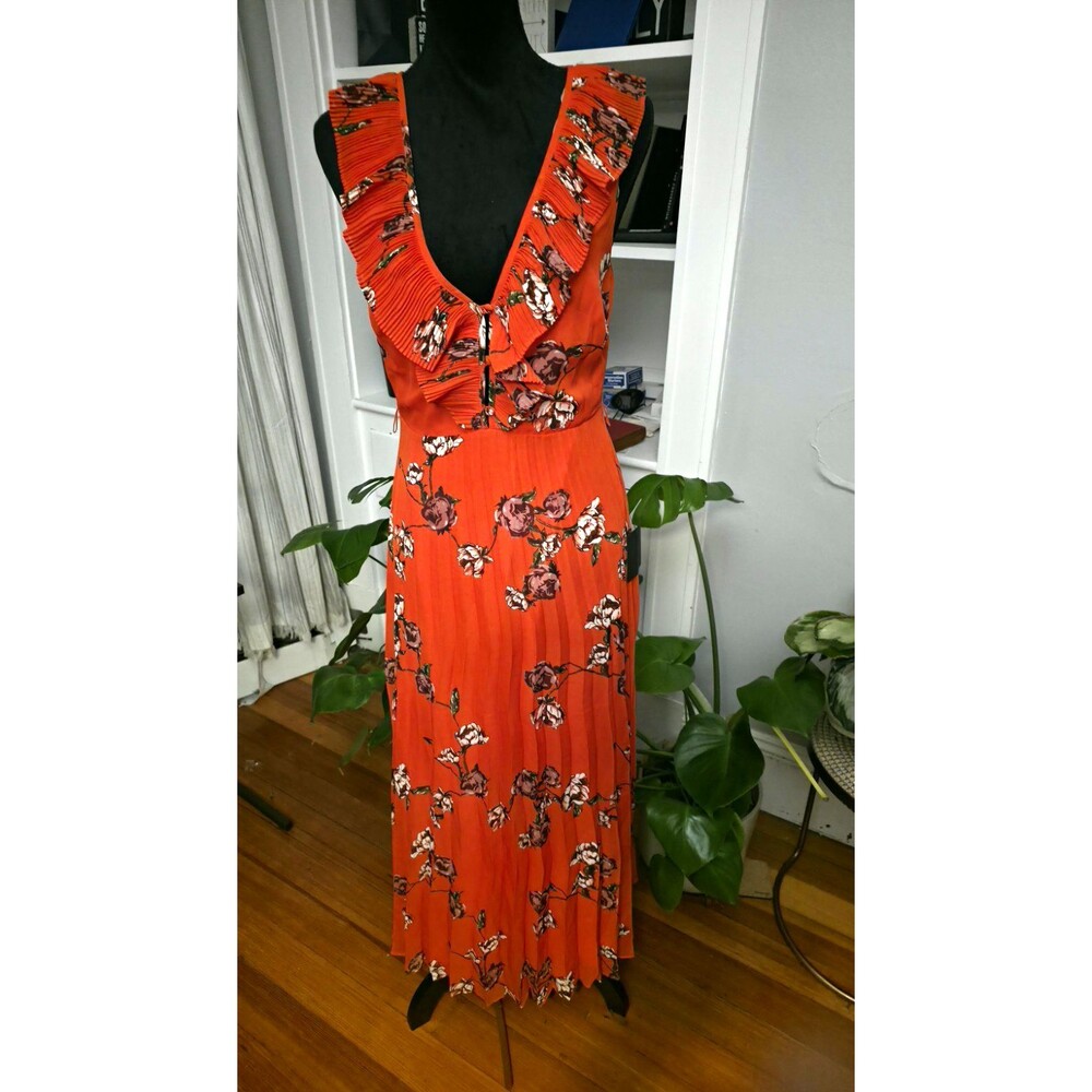 Lulus Women's M Orange Floral V-Neck Sleeveless Pleated Ruffle Open Back Maxi